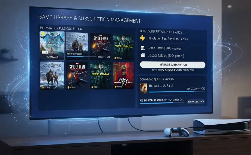 PlayStation Plus download guide: Accessing Essential, Extra, and Premium games, cloud save management, and license warning infographic.
