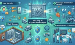 Infographic titled "Crypto Exchange Security Checklist" showing a shield icon with key security features to check: 2FA, cold storage, proof of reserves, bug bounty, insurance fund, KYC/AML compliance, and withdrawal whitelisting, with visual ratings for each feature.