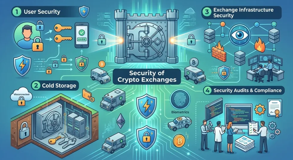 Infographic titled "Crypto Exchange Security Checklist" showing a shield icon with key security features to check: 2FA, cold storage, proof of reserves, bug bounty, insurance fund, KYC/AML compliance, and withdrawal whitelisting, with visual ratings for each feature.