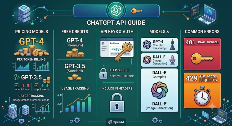 ChatGPT API guide: GPT-5.5 pricing table, free credit setup, API key generation, and common error fixes like insufficient quota.