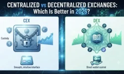 A split-screen infographic comparing CEX and DEX with the central question "Which Is Better in 2026?". The CEX side features a chained vault, currency symbols, a growth chart, and a touch interface labeled "Smoupft, intuitive interface". The DEX side features a decentralized network, smart contract book, token logos, and a hand holding a key labeled "Direct wallet control".