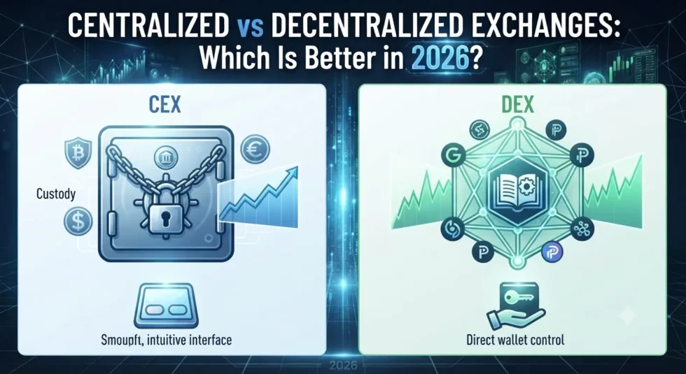 A split-screen infographic comparing CEX and DEX with the central question "Which Is Better in 2026?". The CEX side features a chained vault, currency symbols, a growth chart, and a touch interface labeled "Smoupft, intuitive interface". The DEX side features a decentralized network, smart contract book, token logos, and a hand holding a key labeled "Direct wallet control".
