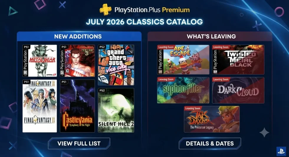 PlayStation Plus Premium July 2026: Psi-Ops and Indigo Prophecy join Classics Catalog; Risk of Rain 2, Tropico 6, and 6 more leave July 21.