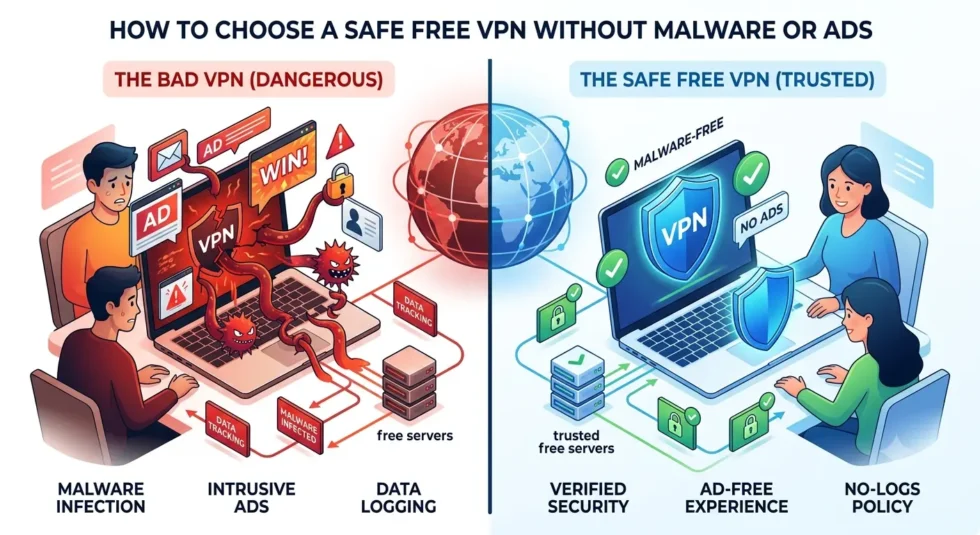Free VPN safety checklist: audited no-logs, open-source apps, kill switch, AES-256 encryption, and freemium business model explained.