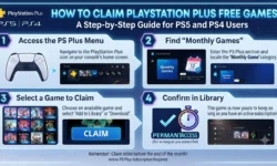 Step-by-step guide showing how to claim PS Plus Essential games on PS5 and PS4 menus, with August 3 deadline reminder for July 2026 titles.