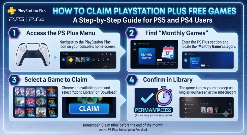Step-by-step guide showing how to claim PS Plus Essential games on PS5 and PS4 menus, with August 3 deadline reminder for July 2026 titles.