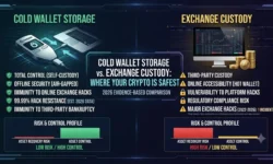 A split infographic comparing a silver cryptocurrency hardware wallet plugged into a laptop on the left, against a glowing data center server rack on the right, with a holographic 2026 cybersecurity shield and falling fraud statistics in the center background. The left side displays a green "Self-Custody" checkmark, while the right side displays a blue "Exchange Insurance" icon.