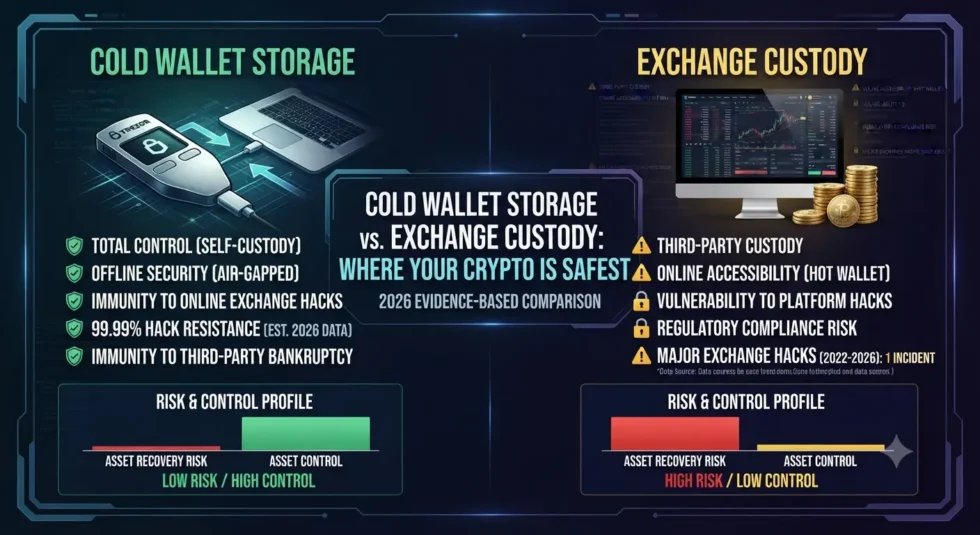 A split infographic comparing a silver cryptocurrency hardware wallet plugged into a laptop on the left, against a glowing data center server rack on the right, with a holographic 2026 cybersecurity shield and falling fraud statistics in the center background. The left side displays a green "Self-Custody" checkmark, while the right side displays a blue "Exchange Insurance" icon.