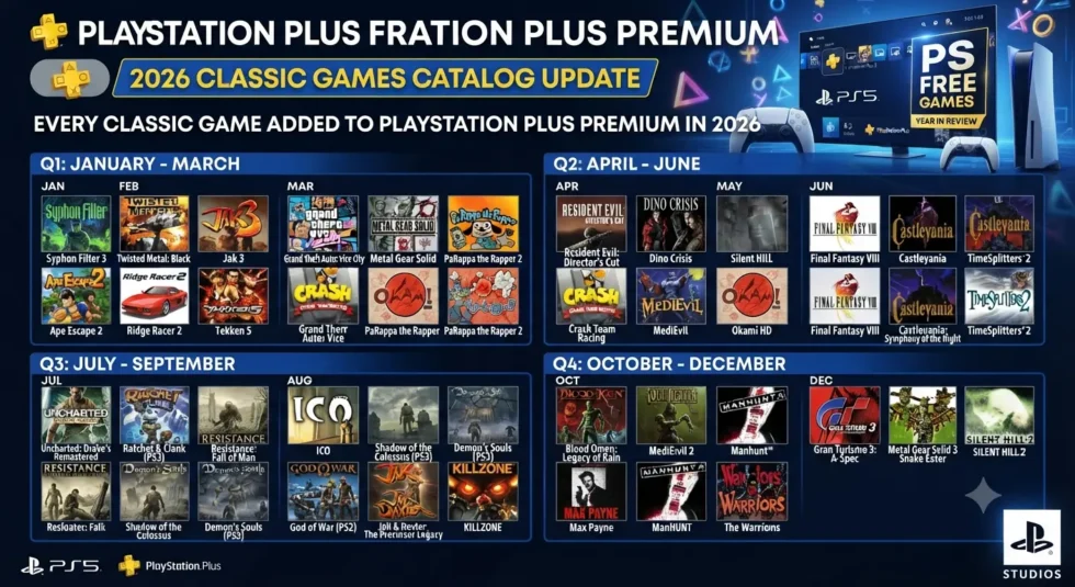 Collection of PS Plus Premium classic games added in 2026: Ridge Racer, Tekken Dark Resurrection, WALL-E, Gitaroo Man, Psi-Ops, Indigo Prophecy, Onimusha Dawn of Dreams.