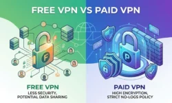 Comparison chart: free VPN risks like data harvesting, logging, and weak encryption vs paid VPN features like unlimited data, kill switch, and no-logs.