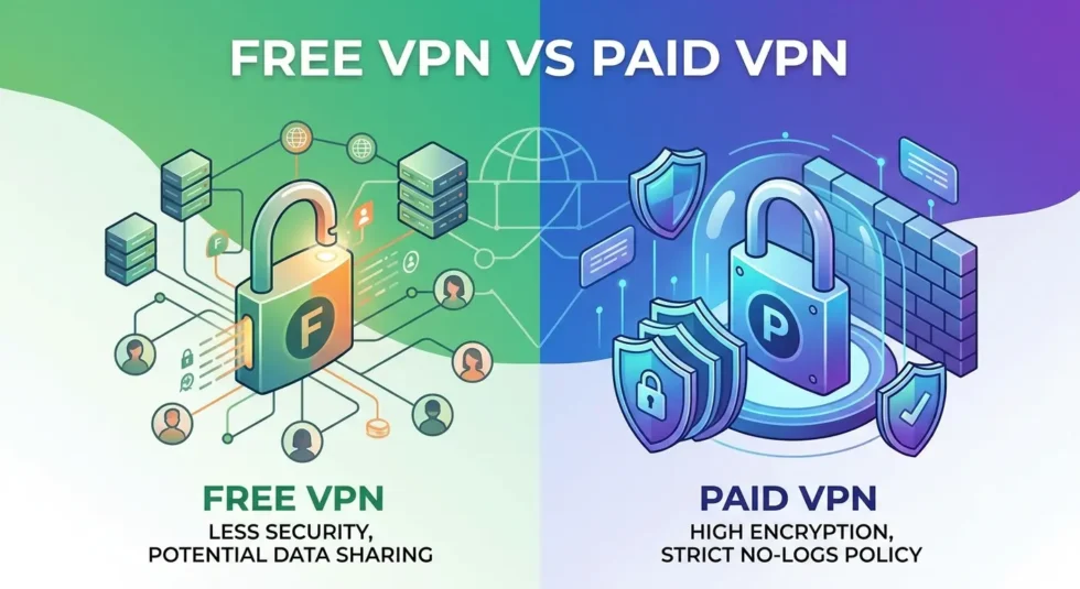Comparison chart: free VPN risks like data harvesting, logging, and weak encryption vs paid VPN features like unlimited data, kill switch, and no-logs.