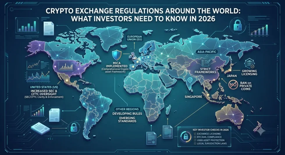 Decision matrix comparing major global jurisdictions for crypto trading in 2026, with columns for regulatory clarity, investor protection, tax treatment, market access, and risk level. EU, Singapore, UAE, and Japan rated highest; China and India rated highest risk.