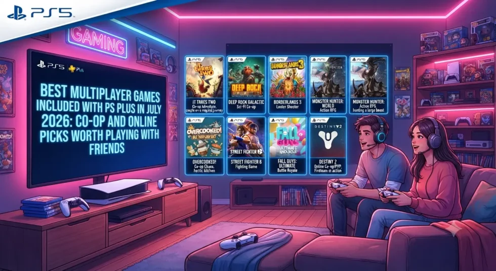 Multiplayer PS Plus July 2026: Call of Duty MWIII, For The King II, Rise of the Ronin co-op, Firefighting Simulator, and Power Rangers covers.