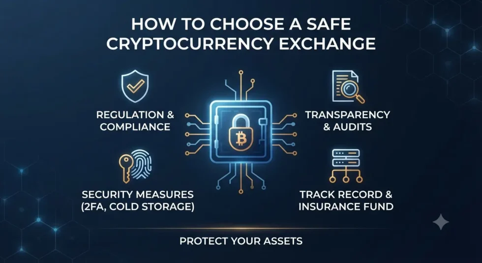 HOW TO CHOOSE A SAFE CRYPTOCURRENCY EXCHANGE" and "PROTECT YOUR ASSETS.