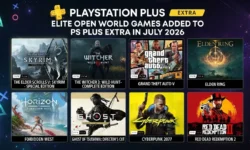 Rise of the Ronin and Avatar: Frontiers of Pandora open-world game covers with release dates and PS5 badges for PS Plus Extra July 2026.