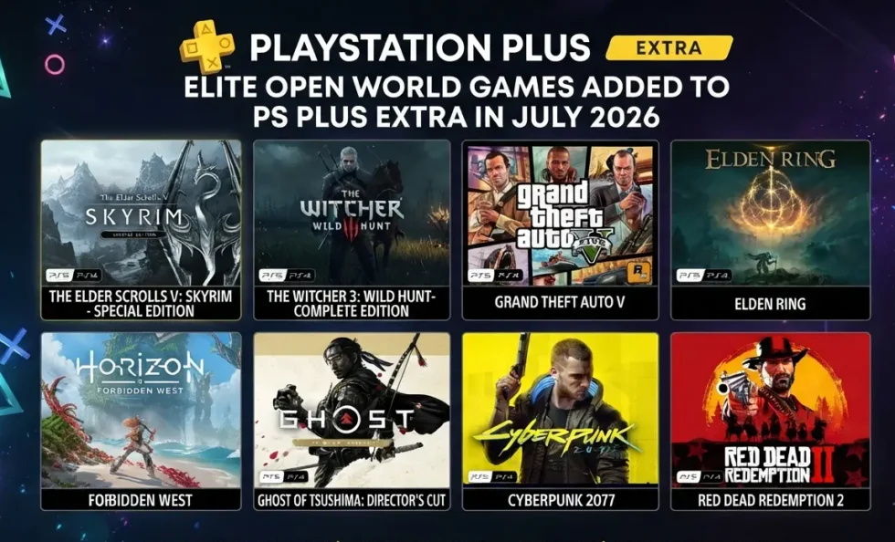 Rise of the Ronin and Avatar: Frontiers of Pandora open-world game covers with release dates and PS5 badges for PS Plus Extra July 2026.