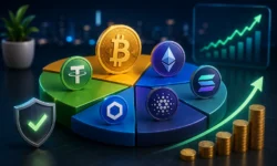 Crypto portfolio allocation chart: Bitcoin and Ethereum as foundation, layer-1 and altcoin exposure for growth, with risk-return comparison diagram.