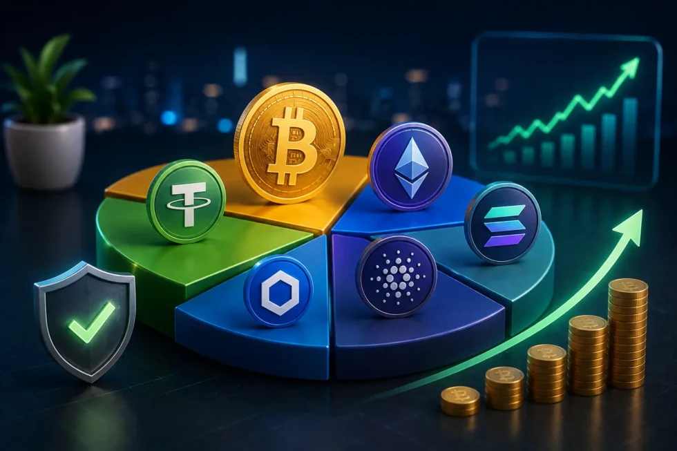 Crypto portfolio allocation chart: Bitcoin and Ethereum as foundation, layer-1 and altcoin exposure for growth, with risk-return comparison diagram.