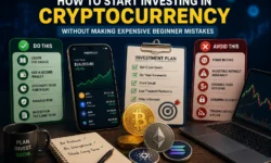 Crypto beginner mistakes infographic: FOMO buying, skipping 2FA, investing too much, no stop-loss, panic selling, and not diversifying.