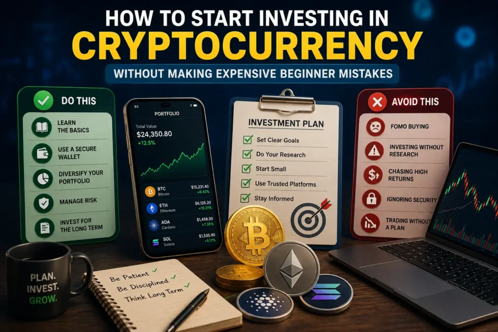 Crypto beginner mistakes infographic: FOMO buying, skipping 2FA, investing too much, no stop-loss, panic selling, and not diversifying.
