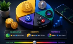 Crypto portfolio allocation guide showing conservative 1-2%, moderate 2-5%, and aggressive 5-10% ranges, with Bitcoin and Ethereum as foundation.
