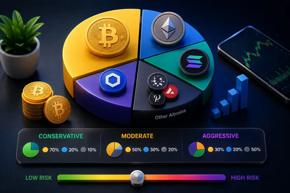 Crypto portfolio allocation guide showing conservative 1-2%, moderate 2-5%, and aggressive 5-10% ranges, with Bitcoin and Ethereum as foundation.
