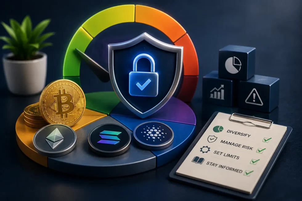 Crypto risk management infographic: position sizing formula, stop-loss placement, diversification across assets, and rebalancing strategy.
