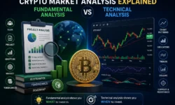 Crypto analysis comparison: fundamental analysis examining whitepapers, team, tokenomics, and technical analysis with chart patterns and indicators.