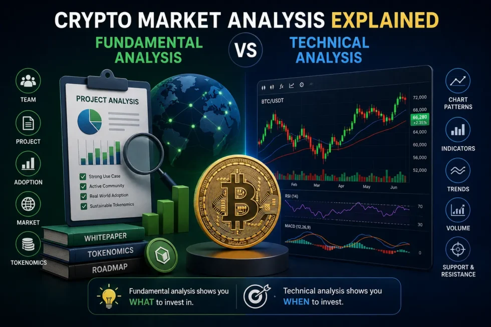 Crypto analysis comparison: fundamental analysis examining whitepapers, team, tokenomics, and technical analysis with chart patterns and indicators.