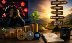 Long-term crypto wealth strategies: DCA dollar-cost averaging chart, portfolio diversification, passive income staking, and emotional discipline vs emotional trading.