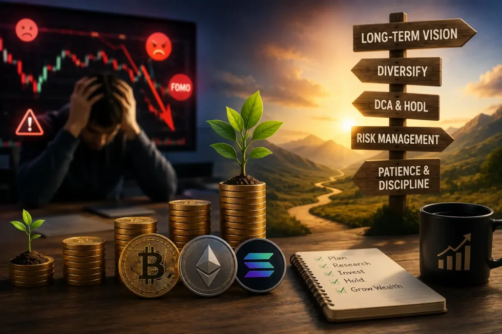 Long-term crypto wealth strategies: DCA dollar-cost averaging chart, portfolio diversification, passive income staking, and emotional discipline vs emotional trading.
