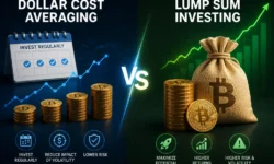 Dollar-cost averaging vs lump-sum investing comparison chart showing 68-73% historical win rate for lump sum, with DCA advantage during market downturns.