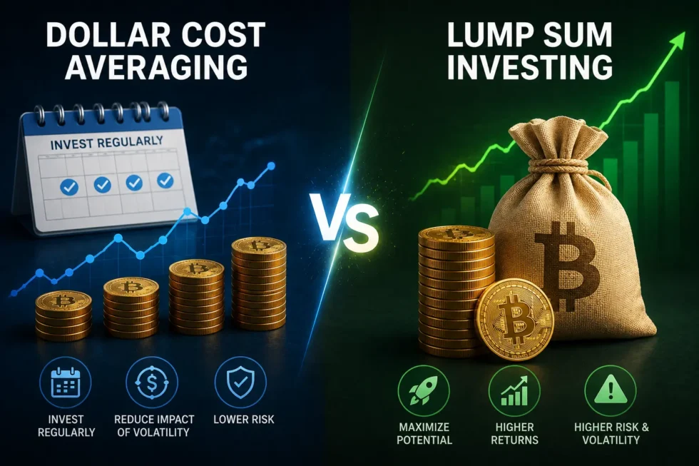 Dollar-cost averaging vs lump-sum investing comparison chart showing 68-73% historical win rate for lump sum, with DCA advantage during market downturns.