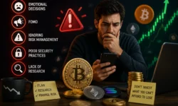 Common crypto mistakes infographic: FOMO buying, over-investing, ignoring security, panic selling, no diversification, neglecting taxes, and overtrading.