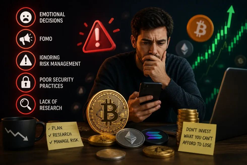 Common crypto mistakes infographic: FOMO buying, over-investing, ignoring security, panic selling, no diversification, neglecting taxes, and overtrading.