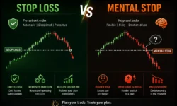 Stop-loss order vs mental stop comparison: automated execution removes emotion, mental stop risks discipline failure and larger losses.