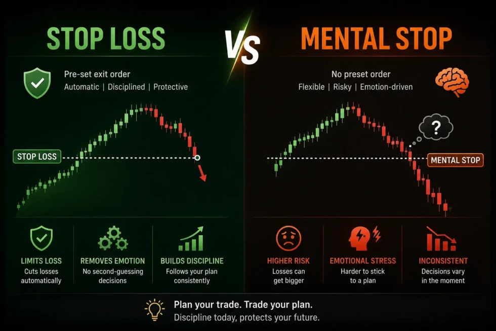 Stop-loss order vs mental stop comparison: automated execution removes emotion, mental stop risks discipline failure and larger losses.