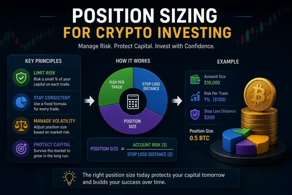 Position sizing formula: Account Equity × Risk% divided by Entry Price minus Stop Loss, with 2% risk rule and examples for BTC and altcoins.