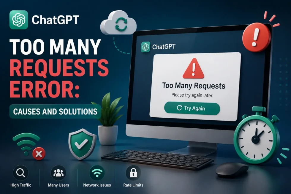 ChatGPT 429 error troubleshooting guide: exponential backoff timing diagram, plan limits comparison, and web session reset instructions.