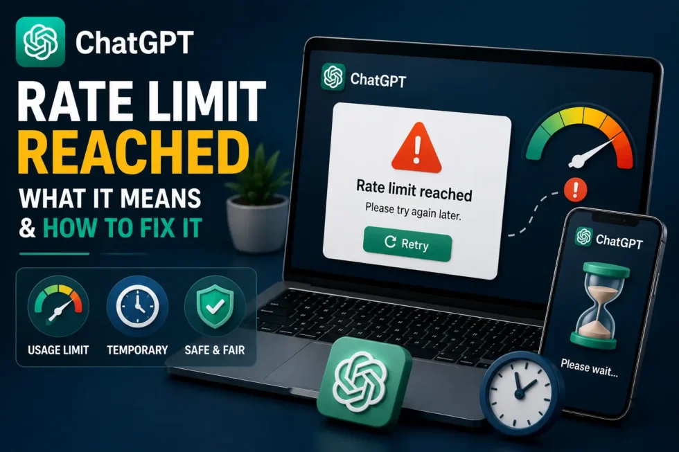 ChatGPT rate limit reached guide: Plus plan 160 messages/3 hours, free plan drops to GPT-5 mini, exponential backoff diagram for API users.