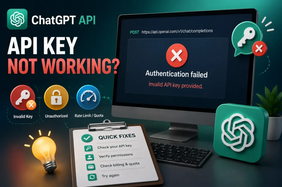 ChatGPT API key troubleshooting guide: 401 unauthorized error, insufficient quota, incorrect key, organization ID, IP blocklist, and billing fixes.