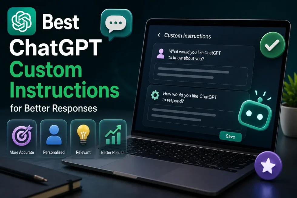 Custom instructions guide for ChatGPT: settings menu, role context examples, tone preferences, format controls, and persona creation tips.