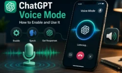ChatGPT Voice Mode interface on mobile showing headphone icon, waveform, and GPT-Live settings with Advanced and Standard Voice Mode options.