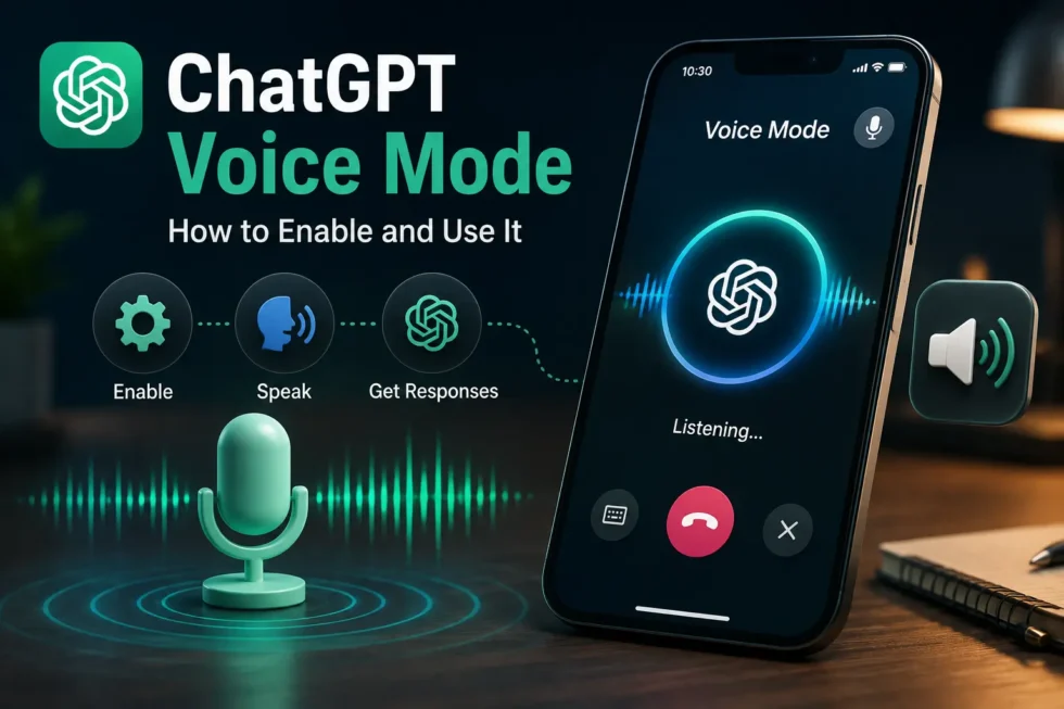 ChatGPT Voice Mode interface on mobile showing headphone icon, waveform, and GPT-Live settings with Advanced and Standard Voice Mode options.